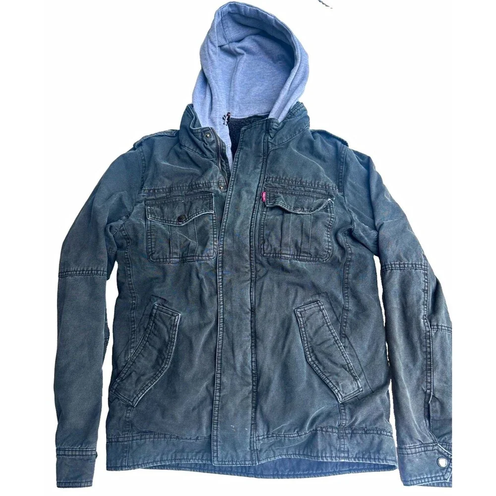 Levi Strauss & Co Mens Hooded Lined Military Jacket Full Zip Snap XS olive Green